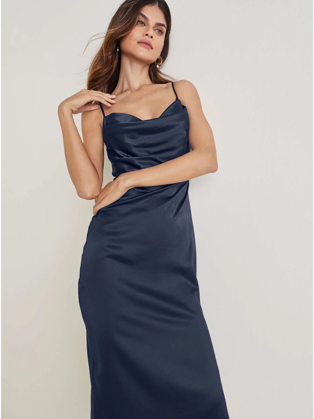 Navy Satin Cowl Neck Slip Dress